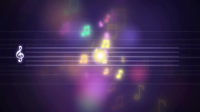 Abstract animated musical notes floating over a purple background with glowing light effects
