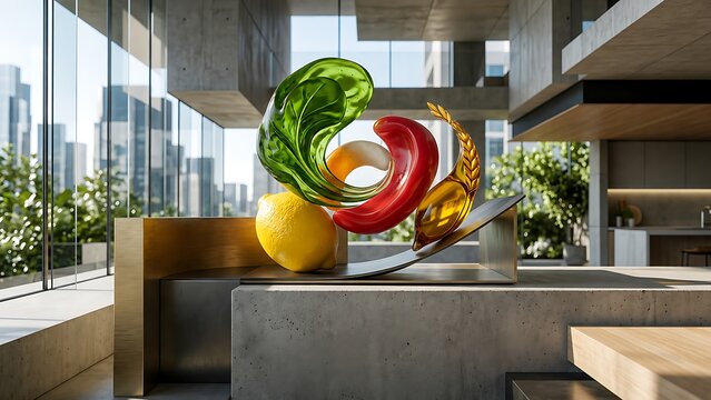 Abstract colorful glass shapes floating above a modern dark table in a luxury apartment interior with large glass windows and city view in the background