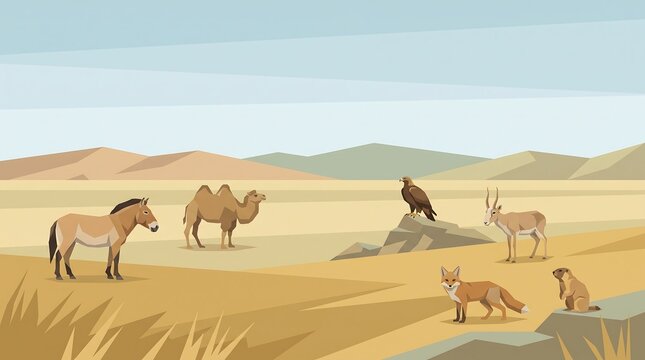 Desert landscape with wild animals including camel, horse, fox, and eagle in nature