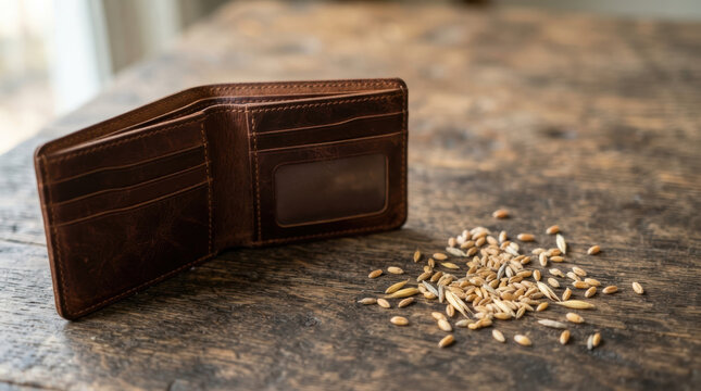 Brown leather wallet with scattered grain food representing security challenges in daily finance and nourishment