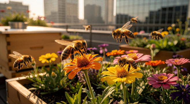 Honeybees pollinating vibrant flowers in an urban rooftop garden environment
