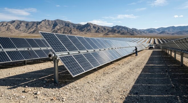 Vast desert landscape featuring a large bifacial solar farm under a clear blue sky with mountains in the background