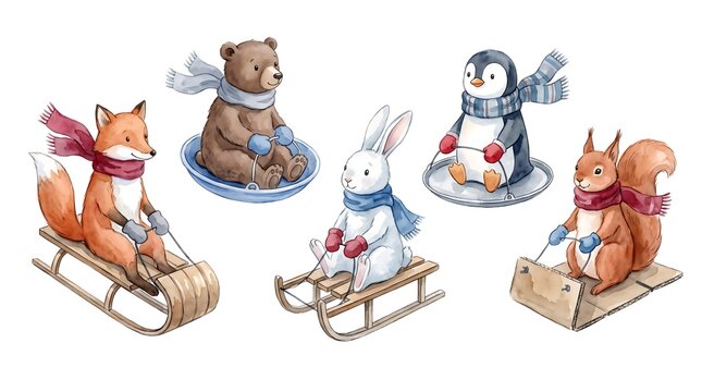 Watercolor winter animals set with cute forest creatures sledding on snow