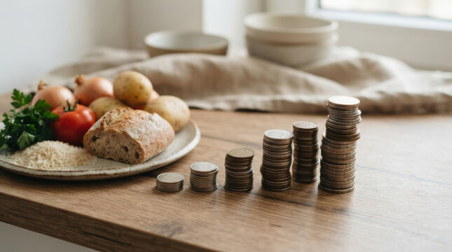 Food price security challenges with bread, vegetable, potato, rice, and stacked coin beside household meal on wooden table