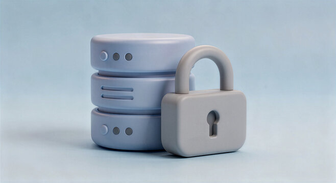 3D Render Of Server Data Stack Protected By A Padlock