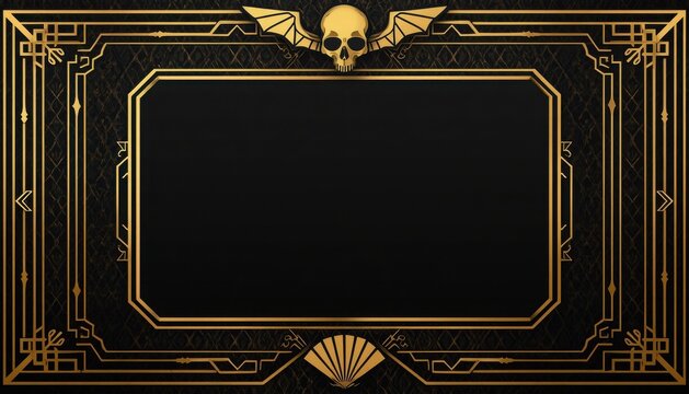 Art deco style vintage frame with gold geometric patterns and skull ornament black background golden border retro design dark luxury decorative frame gothic frame ornament geometric halloween