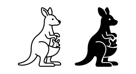 Obraz premium Kangaroo and Joey Vector Icons, Australian Wildlife Silhouette, Simple Outline Art