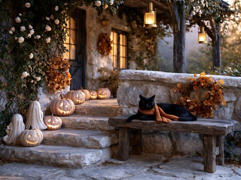 Fluffy black cat wearing orange knitted scarf resting on wooden bench by stone cottage decorated for Halloween