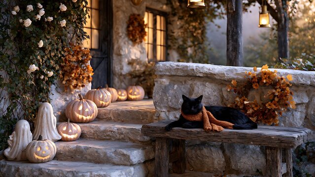 Fluffy black cat wearing orange knitted scarf resting on wooden bench by stone cottage decorated for Halloween
