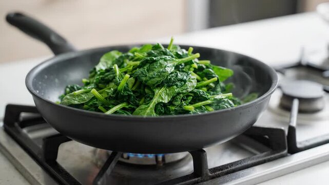 Fresh spinach green vegetable frying pan on gas stove in home kitchen healthy cooking steam organic food meal prep lunch dinner vegetarian vegan