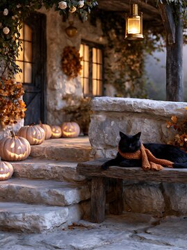 Fluffy black cat wearing orange knitted scarf resting on wooden bench by stone cottage decorated for Halloween