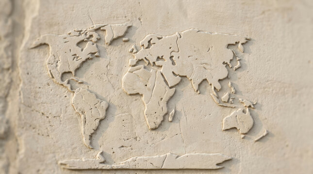 Global geopolitical risk assessment series featuring textured relief world map with continental detail and muted beige color