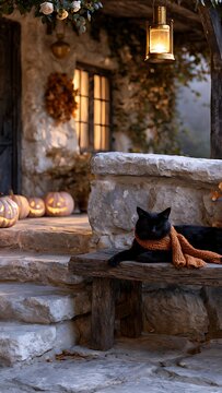 Fluffy black cat wearing orange knitted scarf resting on wooden bench by stone cottage decorated for Halloween