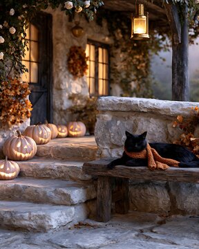 Fluffy black cat wearing orange knitted scarf resting on wooden bench by stone cottage decorated for Halloween