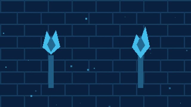 Seamless retro pixel dungeon torch wall animation in blue for looping game background