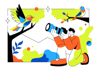 Fototapeta premium Bird Watching Vector Illustration Featuring Colorful Birds, Binoculars, Nature Exploration, Wildlife Observation and Outdoor Adventure Activity