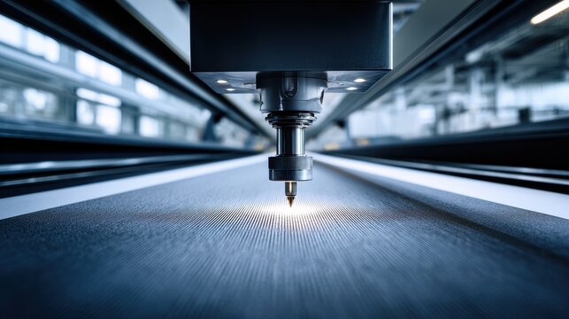 Automated CNC laser cutting machine operating in a modern industrial manufacturing facility. Ideal for high-tech manufacturing and smart industry concepts.