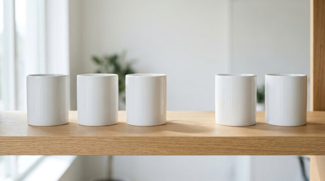 White ceramic cup on wooden shelf in bright minimalist interior showing staffing shortages with empty space and neutral design