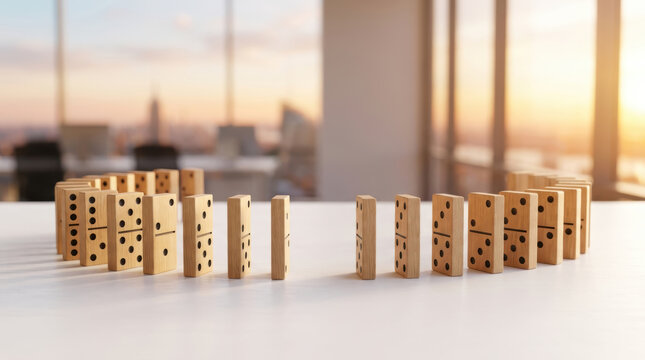 Wooden domino standing pattern staffing shortages workplace concept with warm sunlight and empty gaps