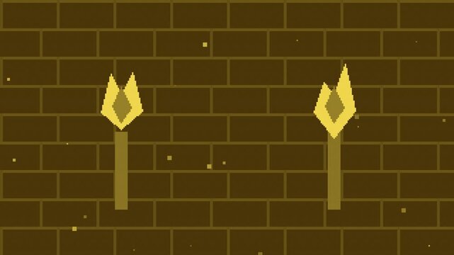 Seamless retro pixel dungeon torch wall animation in yellow for looping game background