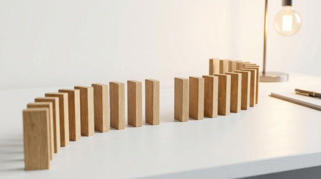 Wooden domino block arranged in curved line illustrating staffing shortages and falling resources