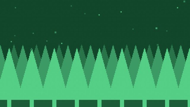 Seamless retro pixel forest parallax animation in green for looping game background