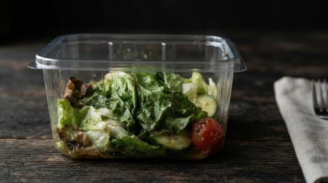 Fresh salad in clear container supports food security challenges with leafy greens, cucumber, tomato, and mushroom