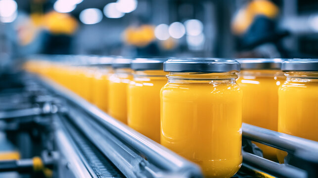 Jars Filled With Yellow Jam Moving Along Automated Factory Conveyor Line
