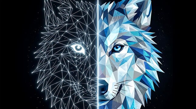 Geometric wolf head split with constellation wireframe design