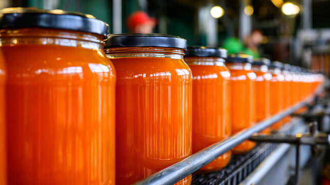 Jars Filled With Red Pepper Sauce Moving Along Factory Packaging Conveyor
