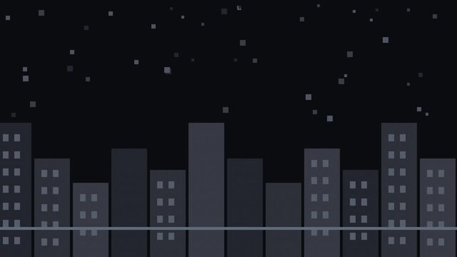 Seamless retro pixel city night parallax animation in black for looping game background