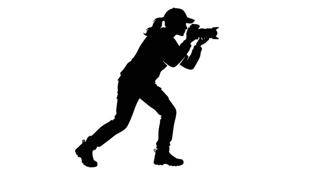 Silhouette of a female photographer with camera in active pose 