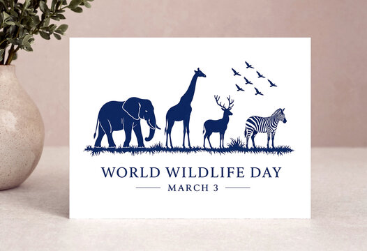 Colorful world wildlife day celebration card featuring elephant giraffe deer and zebra illustration