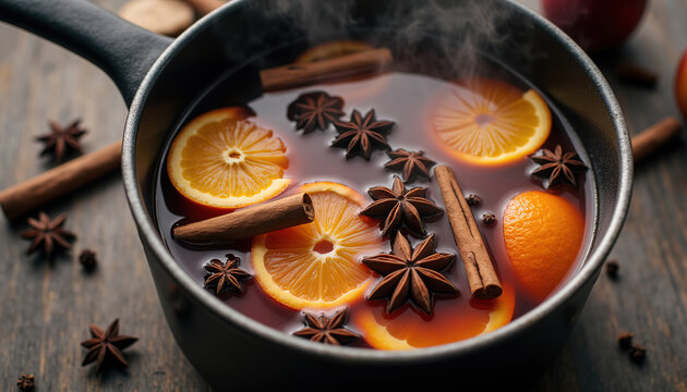 Close up of hot steaming mulled wine with orange slices cinnamon sticks and star anise in pot