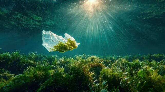 A single plastic bag floats through sunlight filtering down into an underwater seagrass meadow. This imagery depicts global ocean plastic pollution crisis.