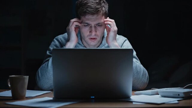 Stressed man working late on laptop at desk with papers and coffee cup showing frustration and fatigue in dark room