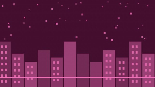 Seamless retro pixel city night parallax animation in pink for looping game background