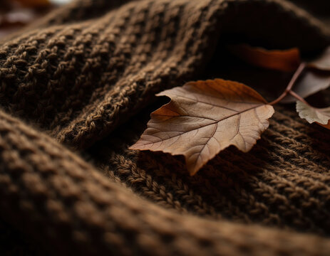 Macro shot of dry brown autumn leaf resting on cozy warm knitted wool sweater fabric texture