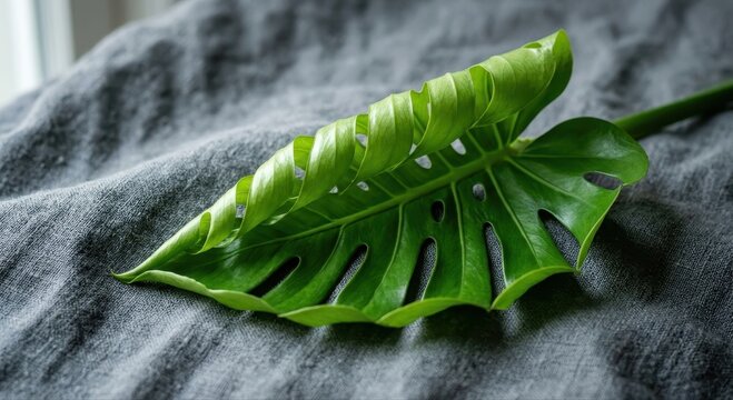 Vibrant green Monstera leaf with intricate patterns resting on a textured grey fabric surface