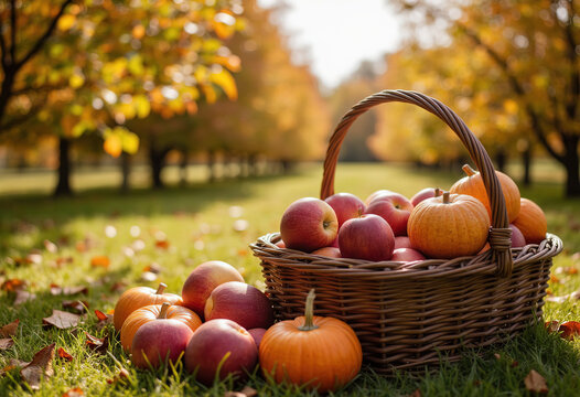 Wicker basket filled with fresh red apples and pumpkins on green grass in sunny autumn orchard