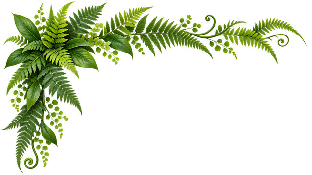 Elegant corner border design featuring lush green fern leaves and decorative swirls isolated on a black background