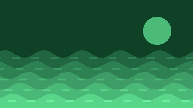 Seamless retro pixel ocean wave scroll animation in green for looping game background
