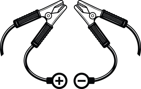 Car jumper cable clamps vector illustration showing positive and negative terminals for automotive emergency battery jump start assistance..