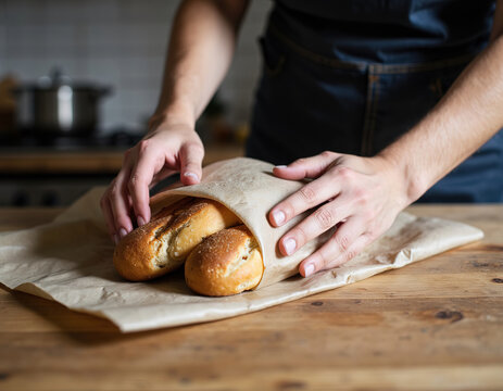 Close up of baker hands wrapping fresh baked warm bread loaves in kraft brown paper package