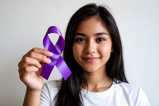 A young woman holds a purple ribbon for the International Day for the Elimination of Violence Against Women.