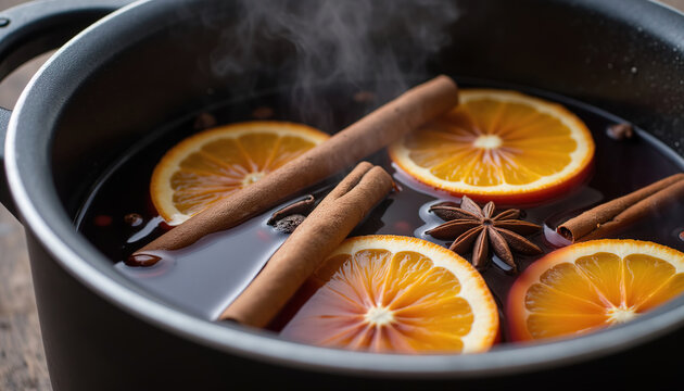 Close up of hot mulled wine simmering with orange slices cinnamon sticks and star anise in black pot
