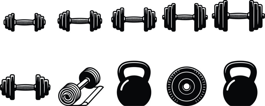 Fitness gym weight collection vector set featuring adjustable dumbbells kettlebells and barbell plate isolated on white background.