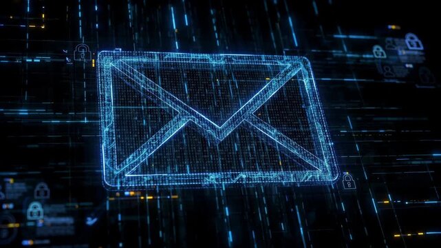 Digital Email Icon Glowing in Futuristic Cyber Space with Data Streams and Lock Symbols for Secure Communication Technology