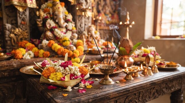 Sacred Hindu Mandir Setup with Lord Ganesha Statue Surrounded by Fresh Flowers Lit Diya Lamps and Smoking Incense Sticks for Spiritual Devotion.