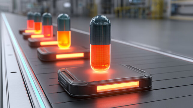 Row Of Glowing Pharmaceutical Pills Moving Along Digital Data Circuit Track

